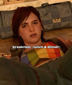 ellie lying on a bed with her knees up, with the caption 'breakfast, lunch & dinner